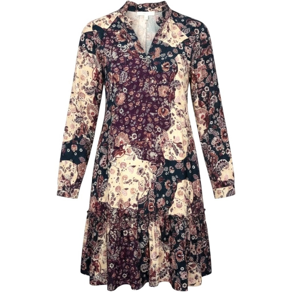 Adyson Parker Floral Paisley Patchwork Tiered Mini Dress Plum Burgundy Small